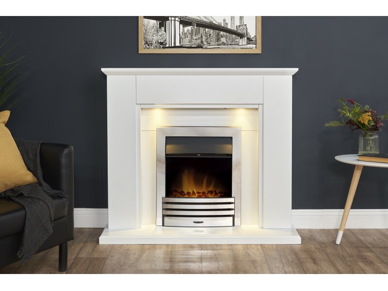 Adam Eltham Fireplace in Pure White with Downlights & Eclipse Electric Fire in Chrome, 45 Inch