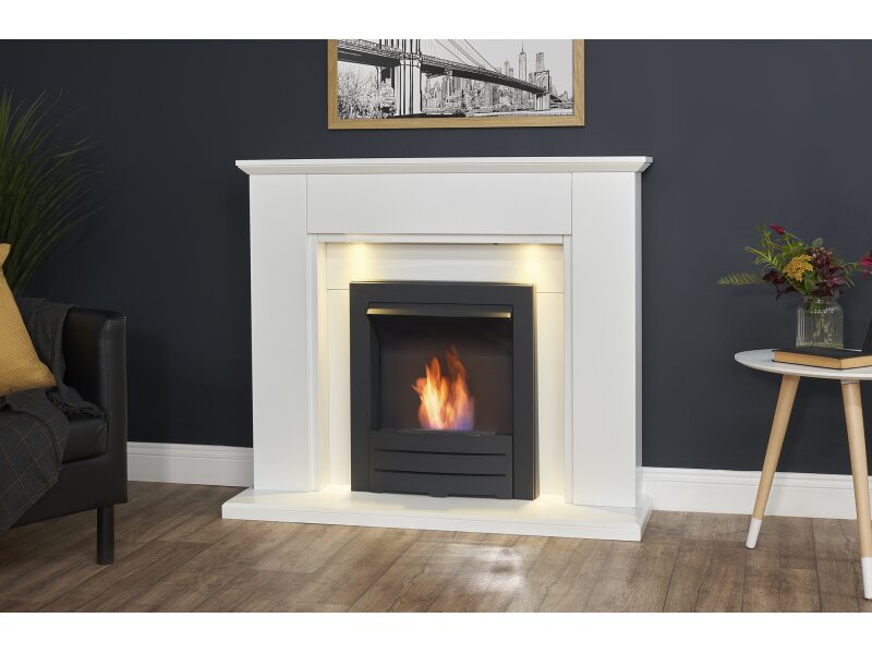 Adam Eltham Fireplace in Pure White with Downlights & Colorado Bio Ethanol in Black, 45 Inch