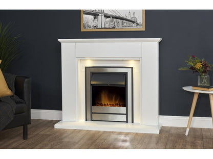 Adam Eltham Fireplace in Pure White with Downlights & Argo Electric Fire in Brushed Steel, 45 Inch