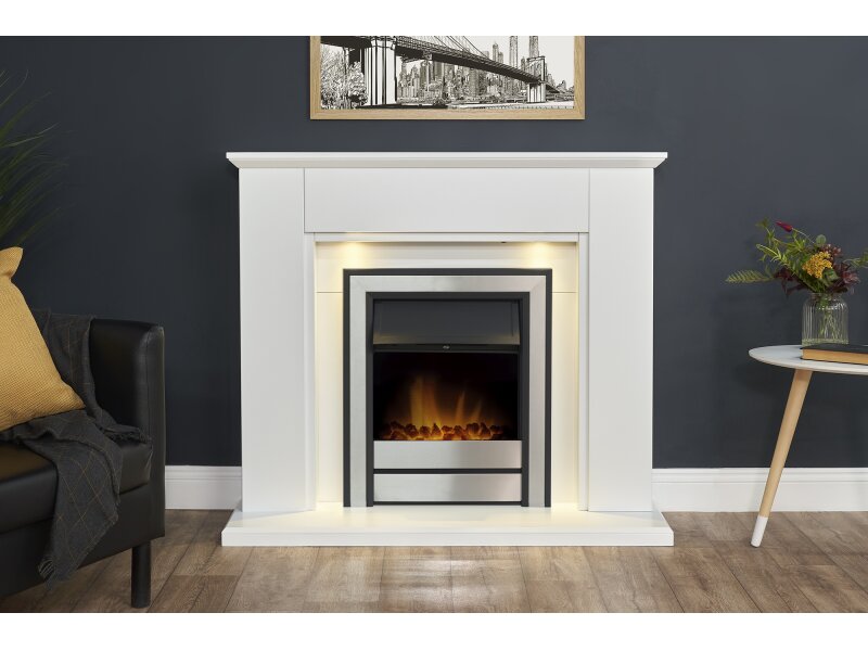Adam Eltham Fireplace in Pure White with Downlights & Argo Electric Fire in Brushed Steel, 45 Inch