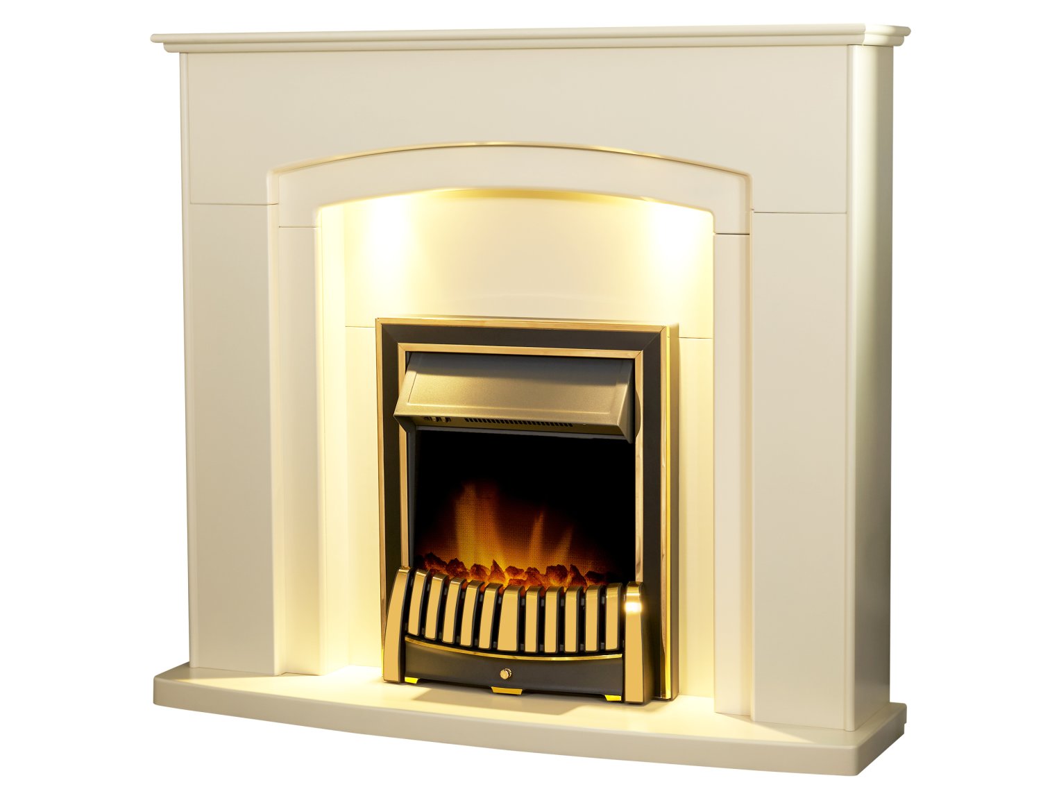Adam Falmouth Fireplace Cream + Downlights & Elan Electric Fire Brass, 49"