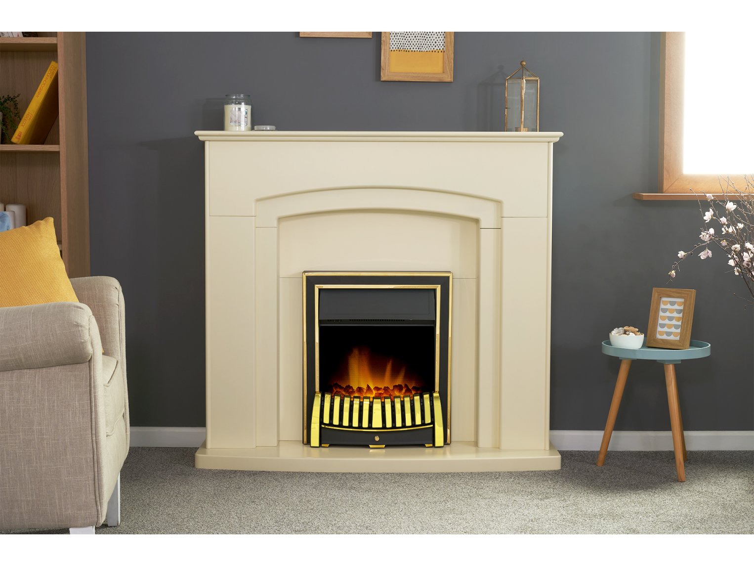 Adam Falmouth Fireplace Cream + Downlights & Elan Electric Fire Brass, 49"