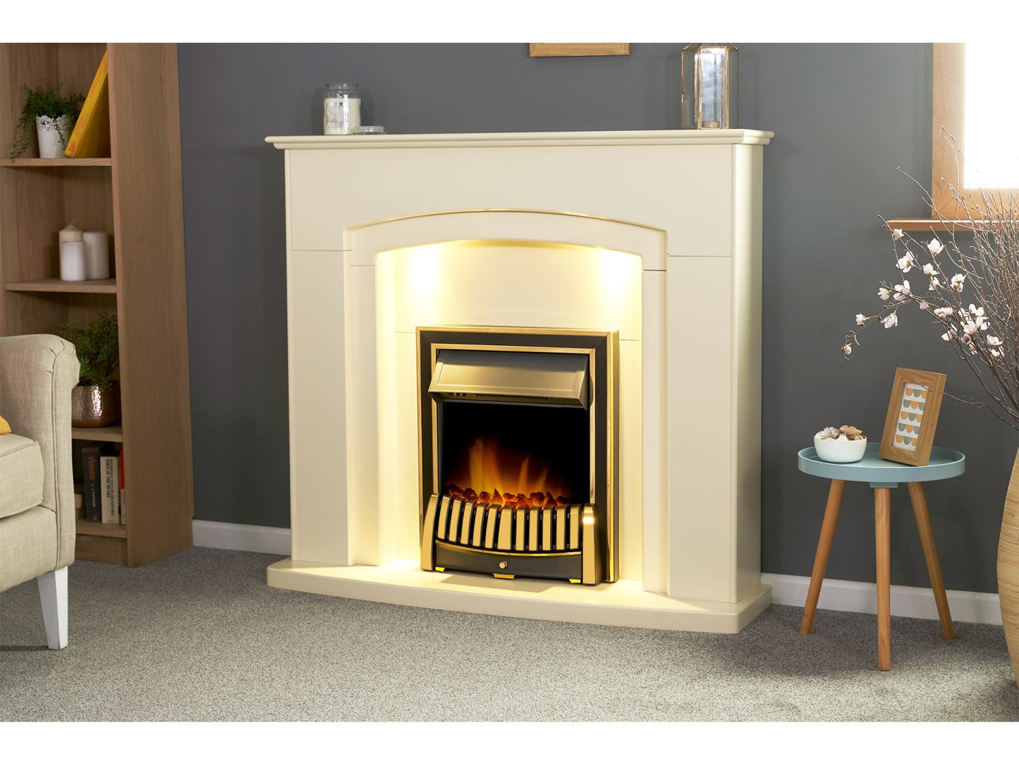 Adam Falmouth Fireplace Cream + Downlights & Elan Electric Fire Brass, 49"