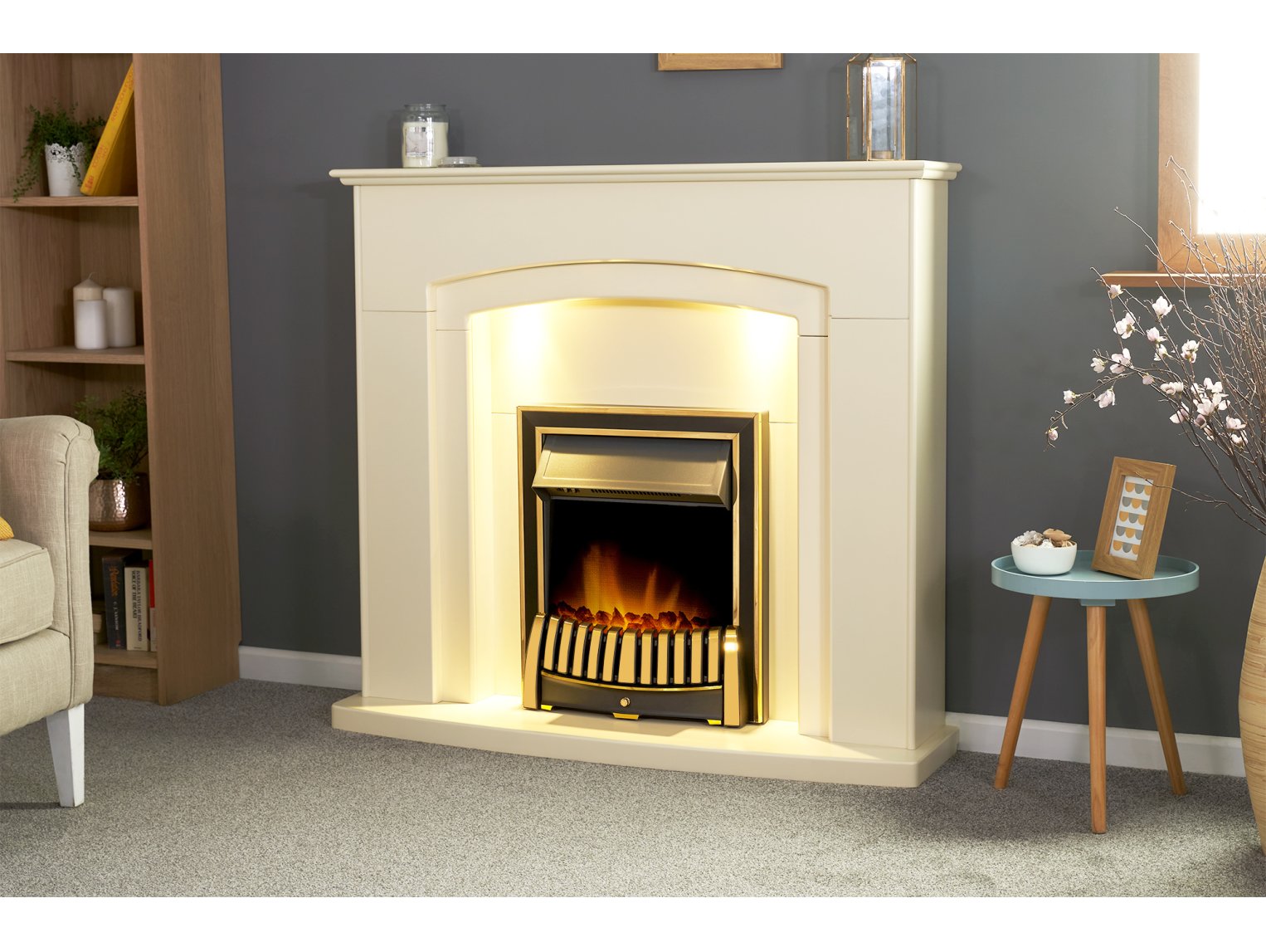 Adam Falmouth Fireplace Cream + Downlights & Elan Electric Fire Brass, 49"