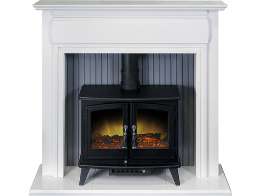 Adam Florence Stove Suite in Pure White with Woodhouse Electric Stove in Black, 48 Inch