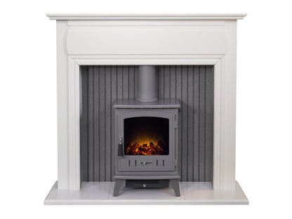 Adam Florence Stove Suite Pure White + Aviemore Electric Stove Grey Enamel, 48"
