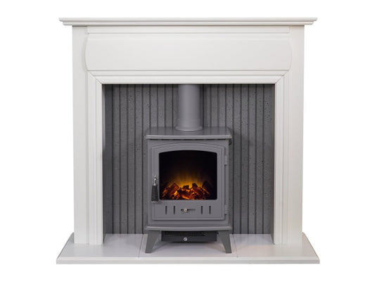 Adam Florence Stove Suite Pure White + Aviemore Electric Stove Grey Enamel, 48"