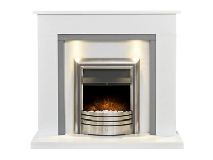 Adam Genoa Fireplace,White & Grey with Downlights & Astralis 6-in-1 Electric Fire in Chrome, 48 Inch