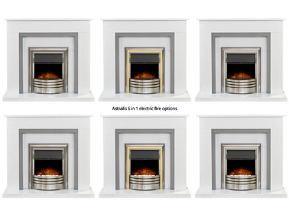 Adam Genoa Fireplace,White & Grey with Downlights & Astralis 6-in-1 Electric Fire in Chrome, 48 Inch