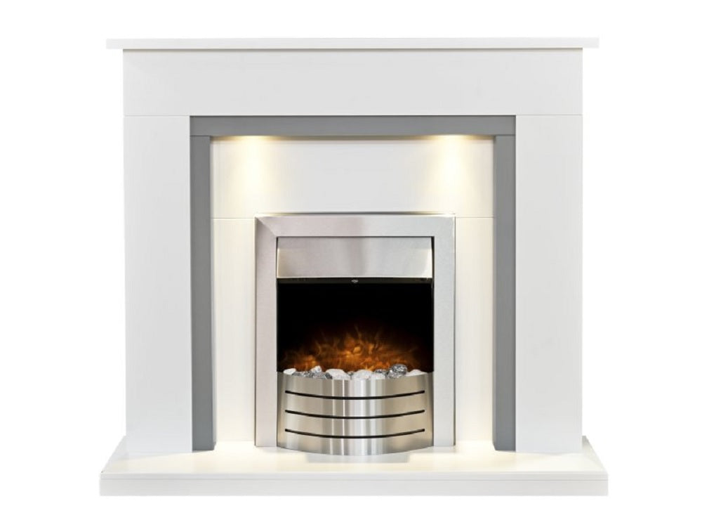 Adam Genoa Fireplace in Pure White & Grey with Downlights & Comet Electric Fire in Brushed Steel, 48 Inch