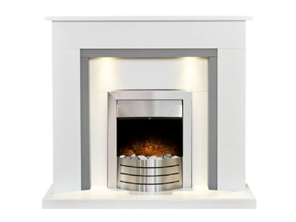 Adam Genoa Fireplace in Pure White & Grey with Downlights & Comet Electric Fire in Brushed Steel, 48 Inch