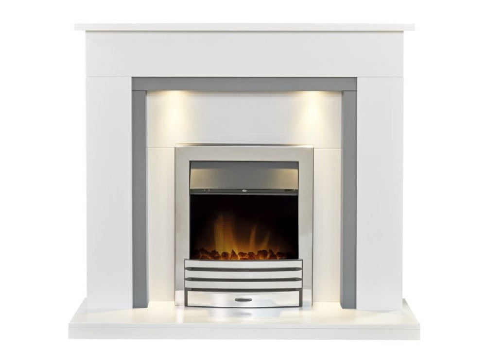 Adam Genoa Fireplace in Pure White & Grey with Downlights & Eclipse Electric Fire in Chrome, 48 Inch