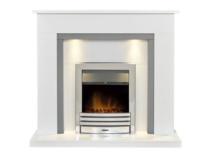 Adam Genoa Fireplace in Pure White & Grey with Downlights & Eclipse Electric Fire in Chrome, 48 Inch