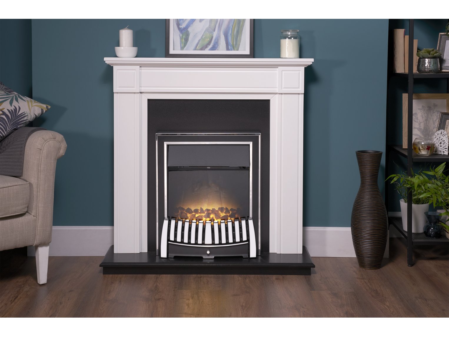 Adam Georgian Fireplace Suite Pure White + Elan Electric Fire Chrome, 39"