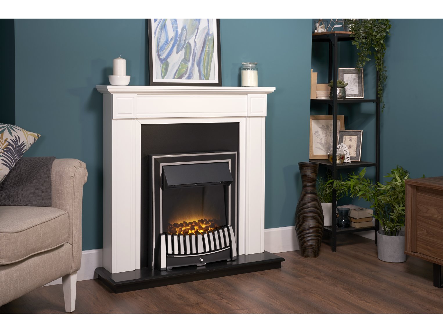 Adam Georgian Fireplace Suite Pure White + Elan Electric Fire Chrome, 39"