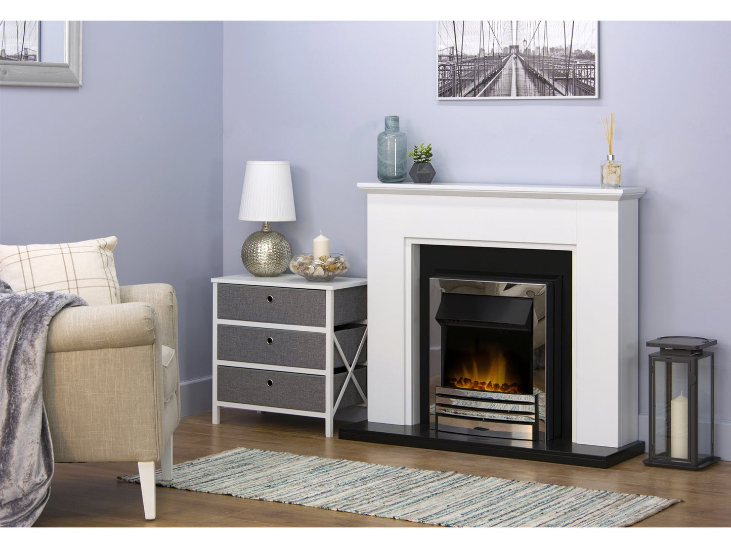 Adam Greenwich Fireplace Suite Pure White & Black + Eclipse Electric Fire Chrome, 45"
