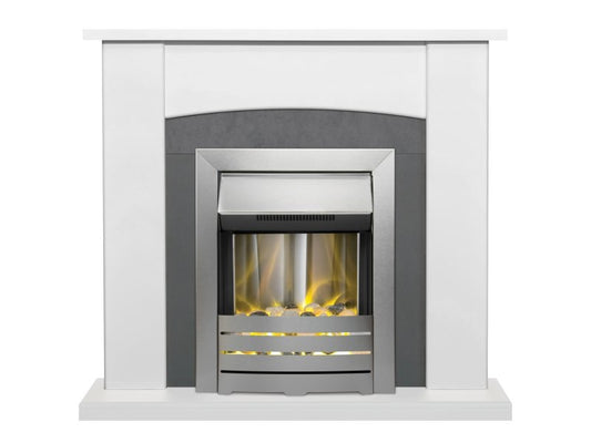 Adam Holden Fireplace in Pure White & Grey/White with Helios Electric Fire in Brushed Steel, 39 Inch
