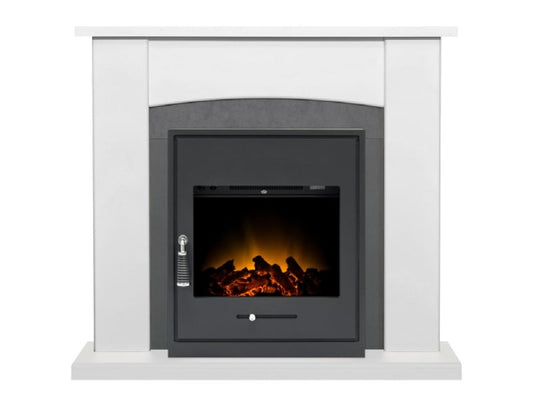 Adam Holden Fireplace in Pure White & Grey/White with Oslo Electric Inset Stove in Black, 39 Inch