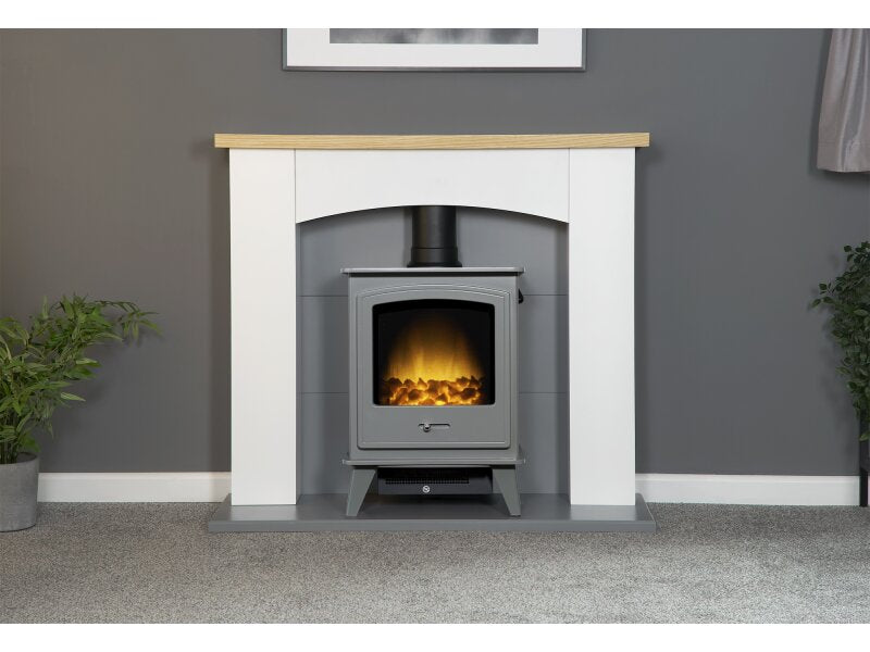 Adam Huxley in Pure White & Grey with Dorset Electric Stove in Grey, 39 Inch