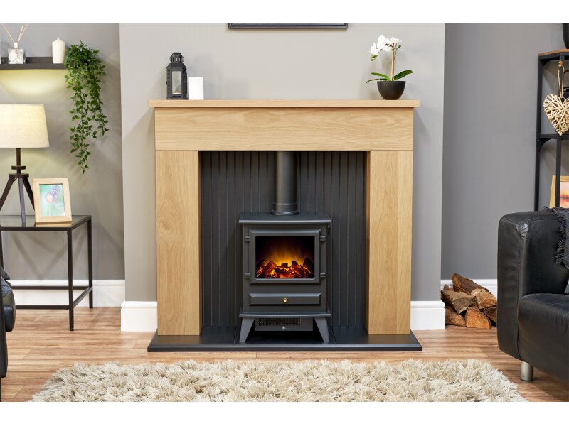 Adam Innsbruck Stove Fireplace in Oak with Hudson Electric Stove in Black, 45 Inch