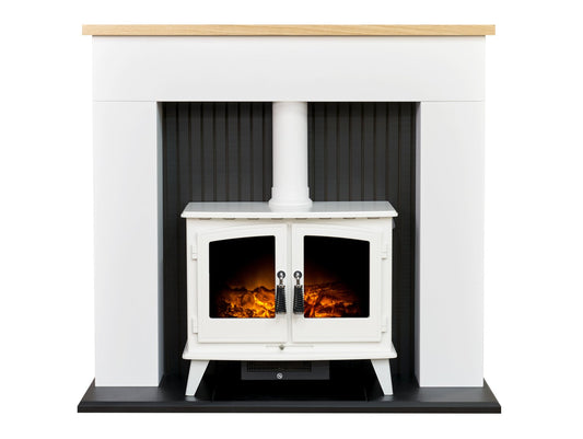 Adam Innsbruck Stove Fireplace in Pure White with Woodhouse Electric Stove in White, 48 Inch