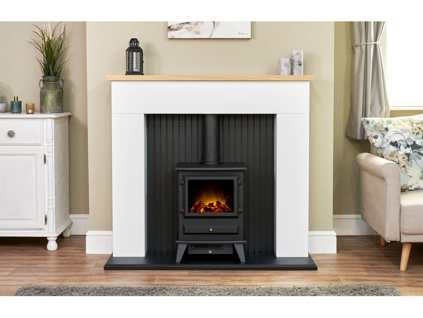 Adam Innsbruck Stove Fireplace Pure White + Hudson Electric Stove Black, 48"