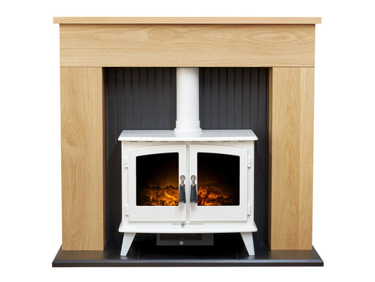 Adam Innsbruck Stove Fireplace in Oak with Woodhouse Electric Stove in White, 48 Inch