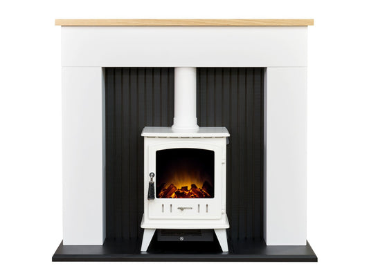 Adam Innsbruck Stove Fireplace in Pure White with Aviemore Electric Stove in White Enamel, 48 Inch