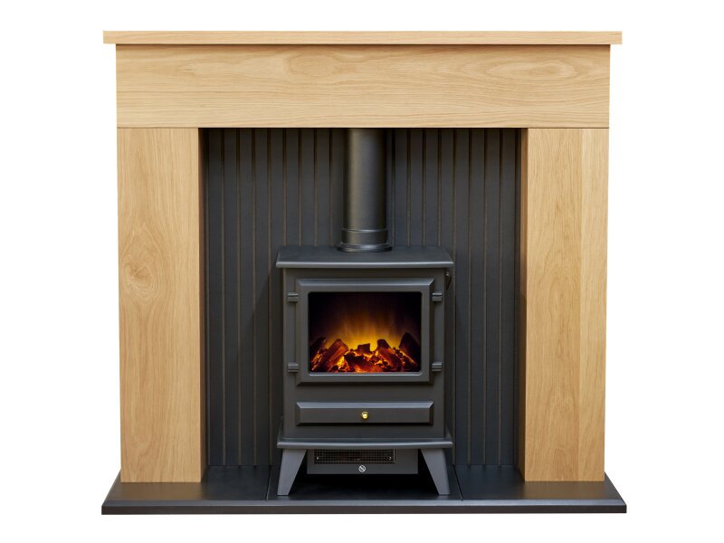 Adam Innsbruck Stove Fireplace in Oak with Hudson Electric Stove in Black, 45 Inch