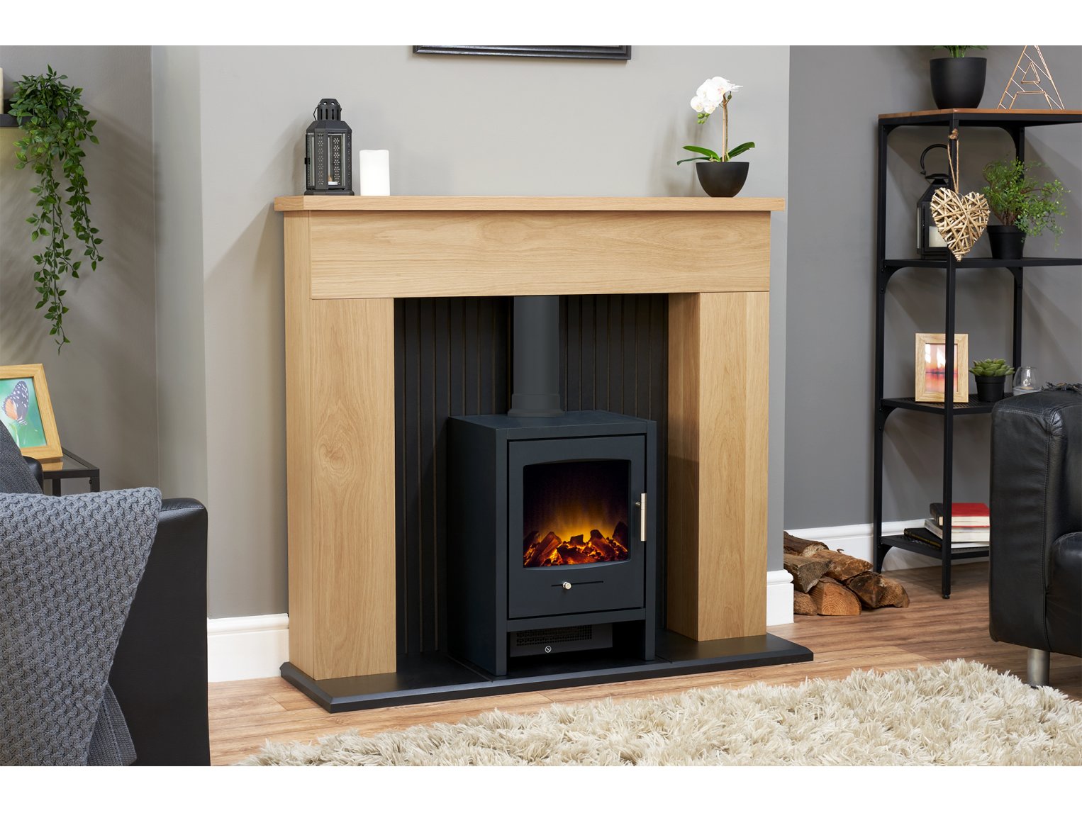 Adam Innsbruck Stove Fireplace Oak + Bergen Electric Stove Charcoal Grey, 48"