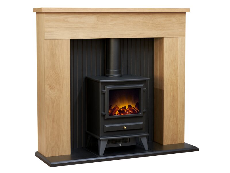 Adam Innsbruck Stove Fireplace in Oak with Hudson Electric Stove in Black, 45 Inch