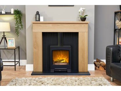 Adam Innsbruck Stove Fireplace in Oak with Lunar Electric Stove in Charcoal Grey, 45 Inch