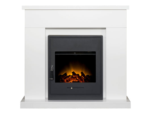 Adam Lomond Fireplace Suite in Pure White with Oslo Electric Fire in Black, 39 Inch