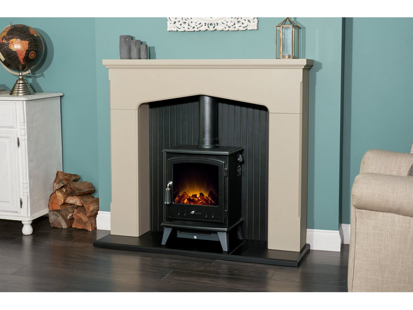 Adam Ludlow Stove Fireplace Stone Effect + Aviemore Electric Stove Black, 48"