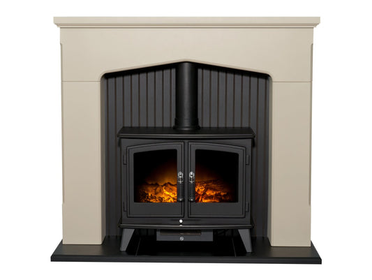 Adam Ludlow Stove Fireplace in Stone Effect with Woodhouse Electric Stove in Black, 48 Inch