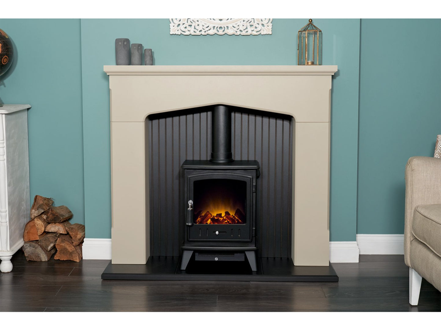 Adam Ludlow Stove Fireplace Stone Effect + Aviemore Electric Stove Black, 48"