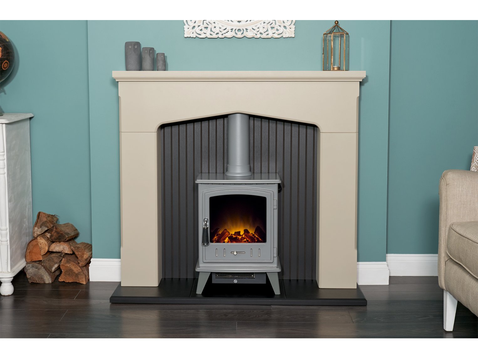 Adam Ludlow Stove Fireplace Stone Effect + Aviemore Electric Stove Grey, 48"