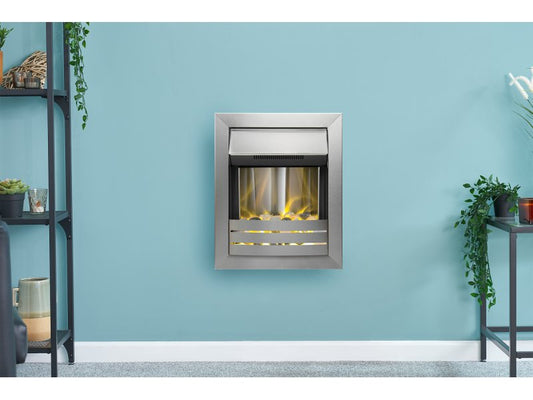 Adam Meridian Wall Mounted Electric Fire with Remote in Brushed Steel