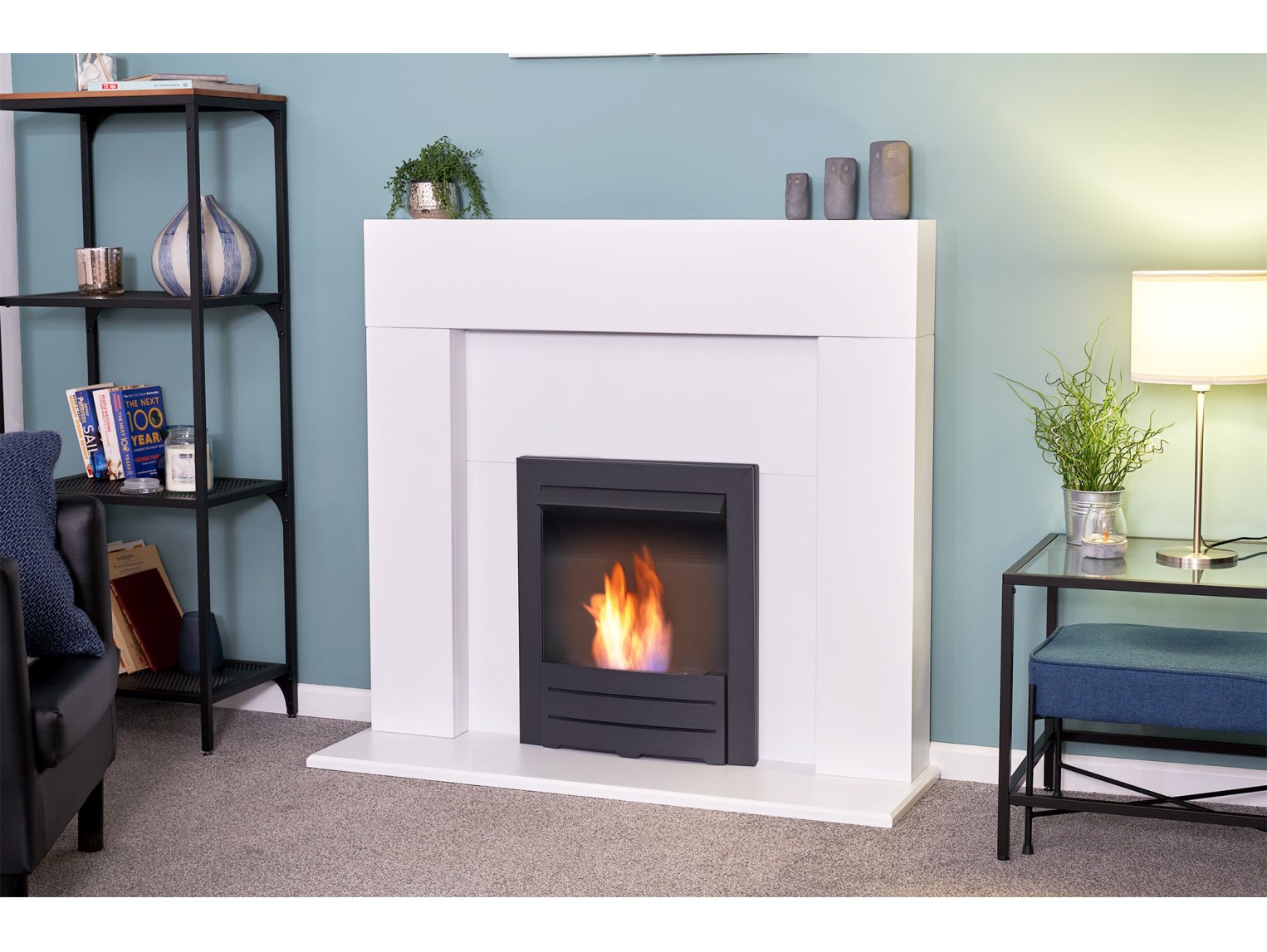Adam Miami Fireplace Pure White + Colorado Bio Ethanol Fire Black, 48"
