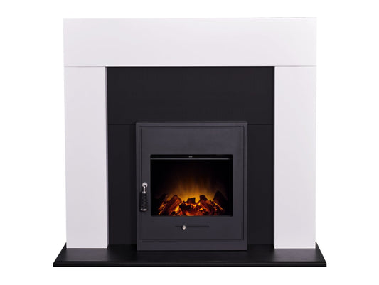 Adam Miami Fireplace in Pure White & Black with Oslo Electric Inset Stove in Black, 48 Inch