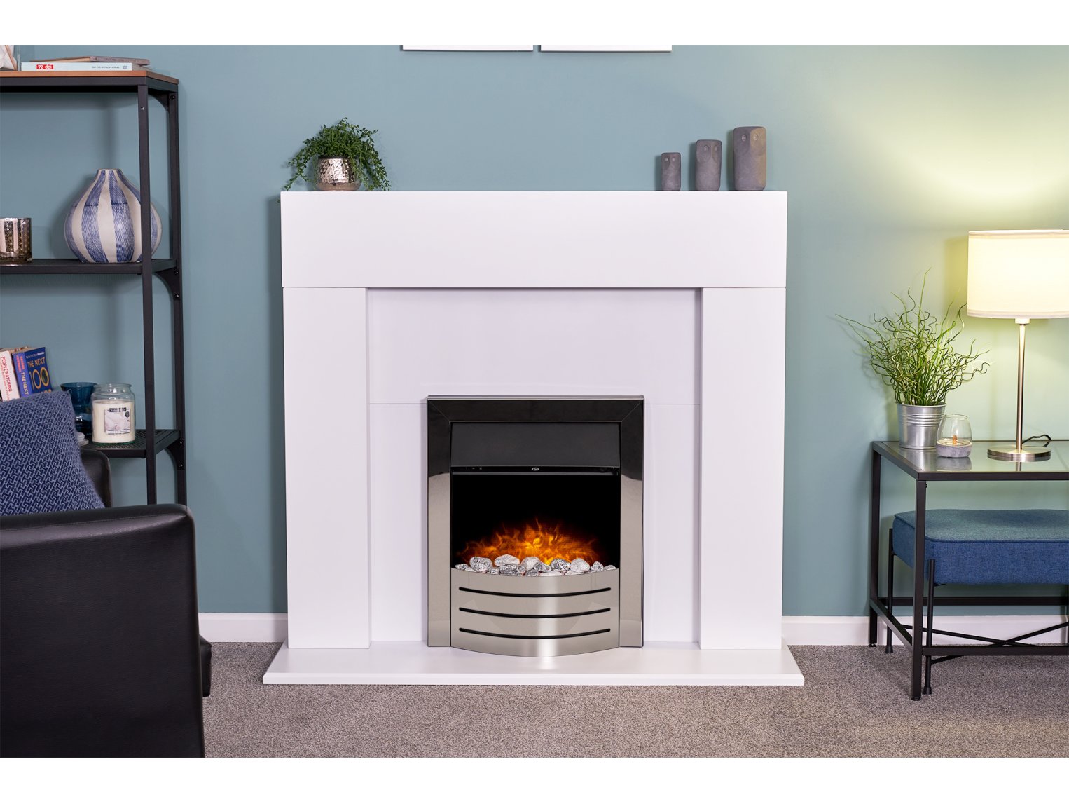 Adam Miami Fireplace Pure White + Comet Electric Fire Obsidian Black, 48"