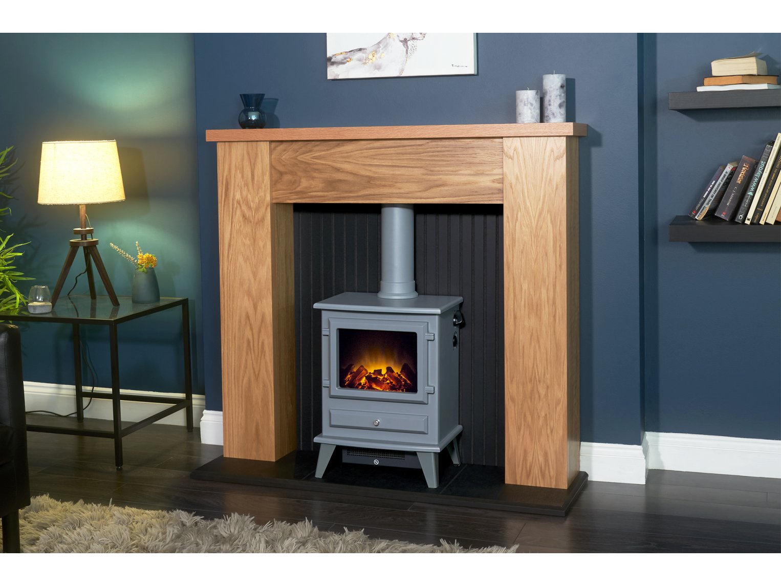 Adam New England Stove Fireplace Oak & Black + Hudson Electric Stove Grey, 48"