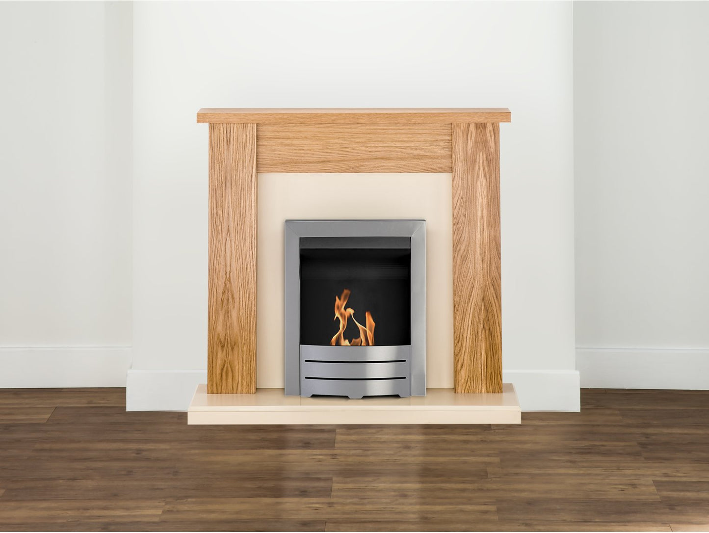 Adam New England Fireplace Suite Oak + Colorado Bio Ethanol Fire Brushed Steel, 48"