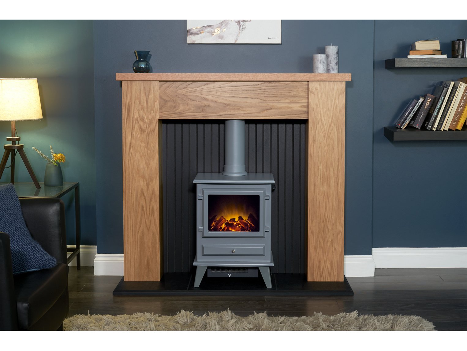 Adam New England Stove Fireplace Oak & Black + Hudson Electric Stove Grey, 48"