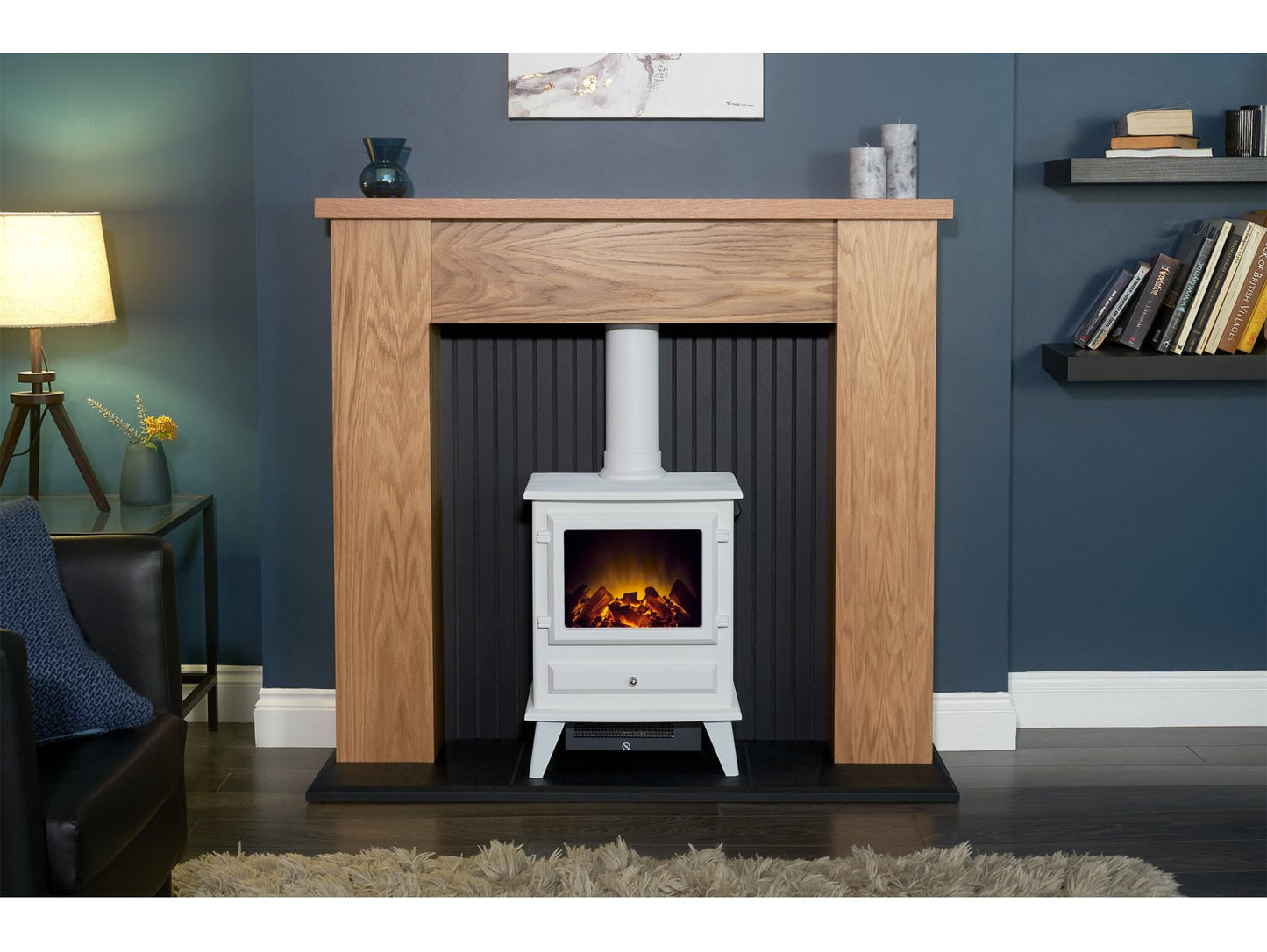 Adam New England Stove Fireplace Oak & Black + Hudson Electric Stove Textured White, 48"