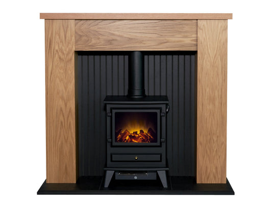 Adam New England Stove Fireplace in Oak & Black with Hudson Electric Stove in Black, 48 Inch