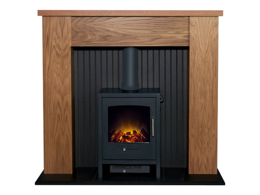 Adam New England Stove Fireplace in Oak & Black with Bergen Electric Stove in Charcoal Grey, 48 Inch