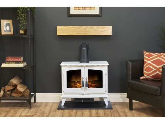 Adam Oak Beam, Hearth & Stove Pipe with Woodhouse Stove in White