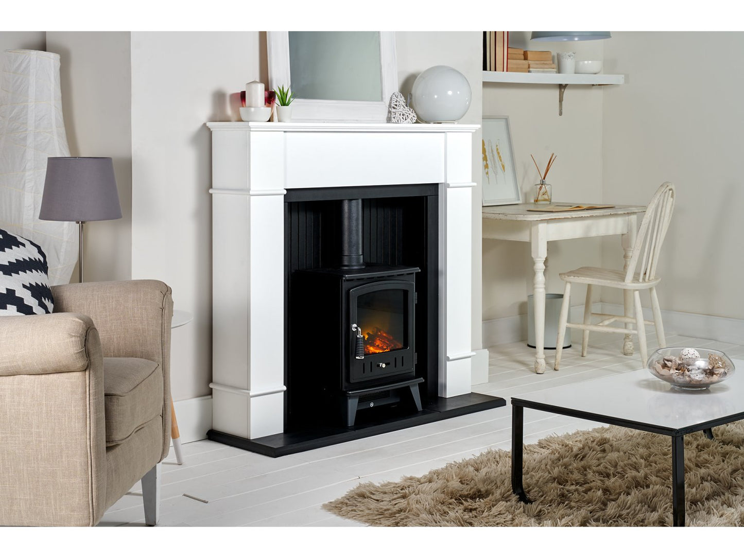 Adam Oxford Stove Suite Pure White + Aviemore Electric Stove Black, 48"