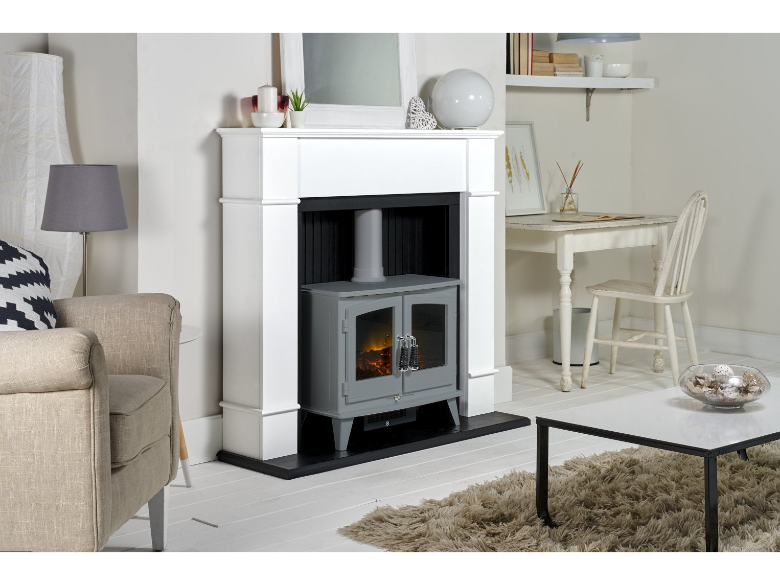 Adam Oxford Stove Suite Pure White + Woodhouse Electric Stove Grey, 48"